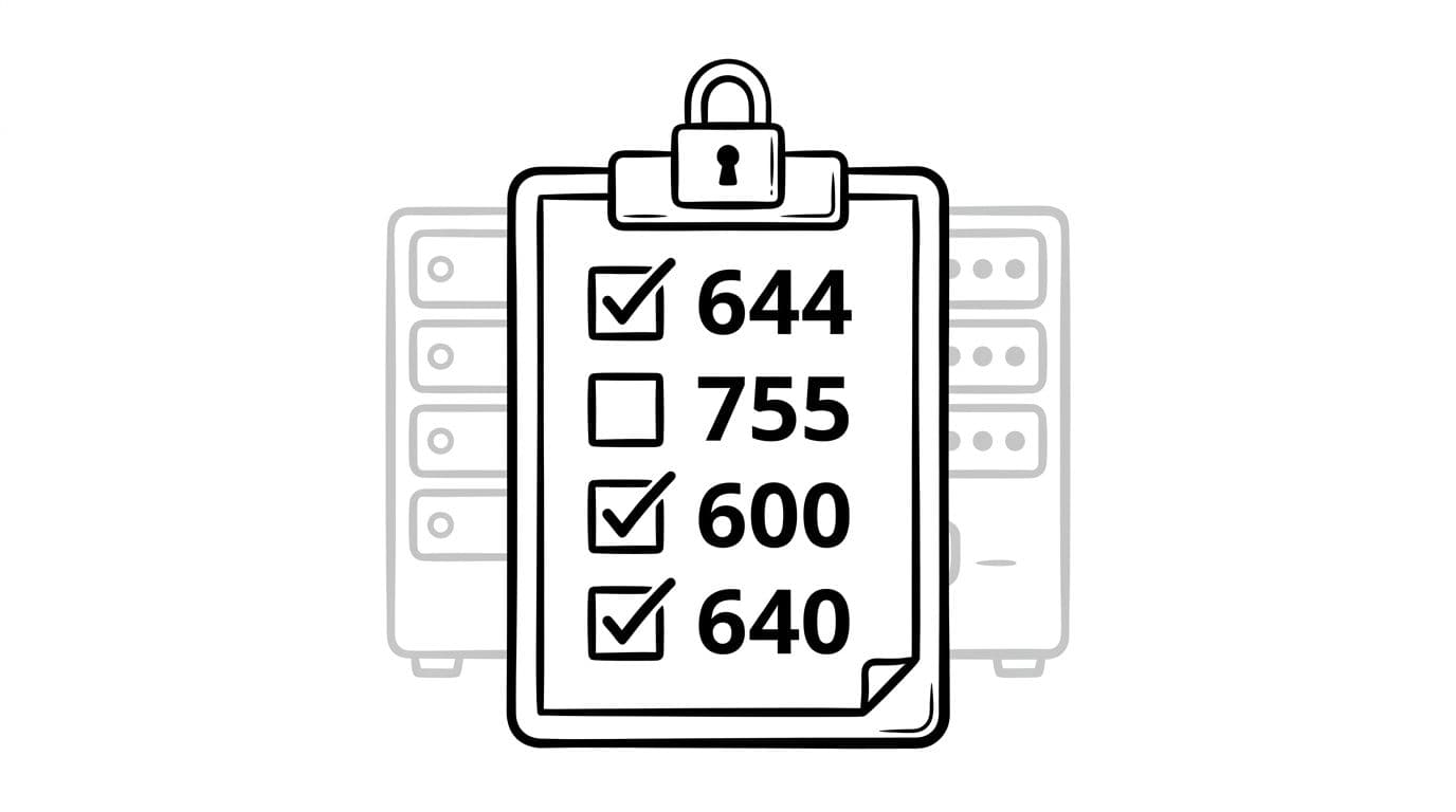 High-contrast black-and-white ink illustration of a clipboard with checkboxes next to permission numbers 644, 755, 600, 640, a padlock icon, and subtle server rack background.
