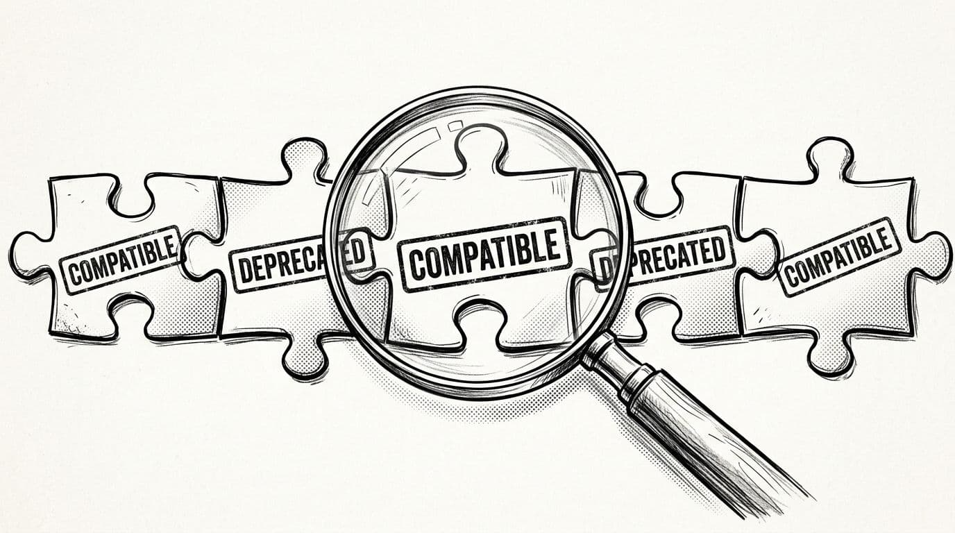 Black-and-white high-contrast ink and pencil sketch featuring a magnifying glass over puzzle pieces stamped 'Compatible' and 'Deprecated', in a minimal modern tech aesthetic with subtle halftone shading and generous whitespace.