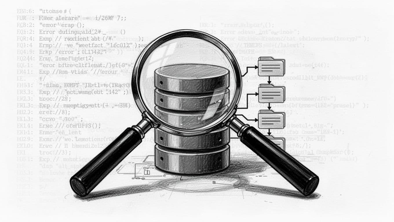 Black-and-white high-contrast illustration of a large magnifying glass examining a database cylinder and file tree structure, with subtle error logs as background texture and modern tech vibe.