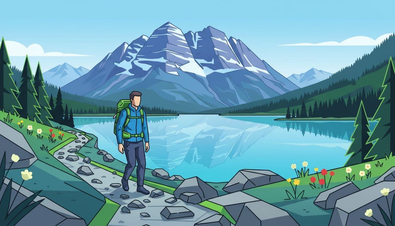A lone hiker walks a rocky alpine trail toward Maroon Bells twin peaks and turquoise Crater Lake in summer Colorado, surrounded by wildflowers and pine trees under a dramatic blue sky.