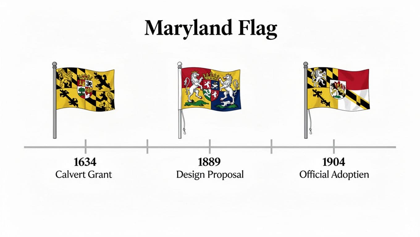 Clean, historically accurate vector illustration of a timeline depicting key Maryland flag events: 1634 Calvert grant, 1889 design proposal, 1904 official adoption, with flag icons and museum-placard style.