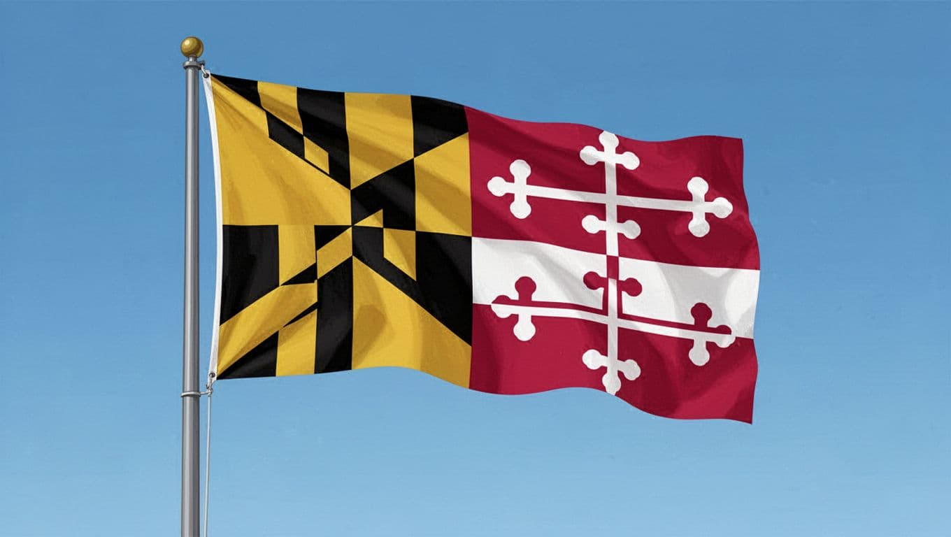 A clean, historically accurate vector-style illustration of the current Maryland state flag waving in a light breeze against a clear blue sky, featuring gold and black Calvert chevrons and red and white Crossland cross bottony.