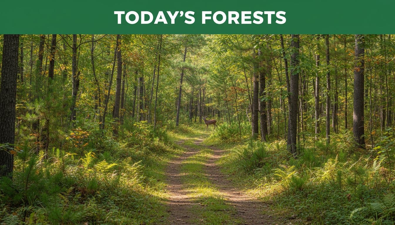A photorealistic peaceful daytime landscape in a modern second-growth mixed hardwood pine forest in Michigan's Lower Peninsula, featuring a winding trail through diverse trees and ferns with dappled sunlight filtering through the canopy and a single distant deer.
