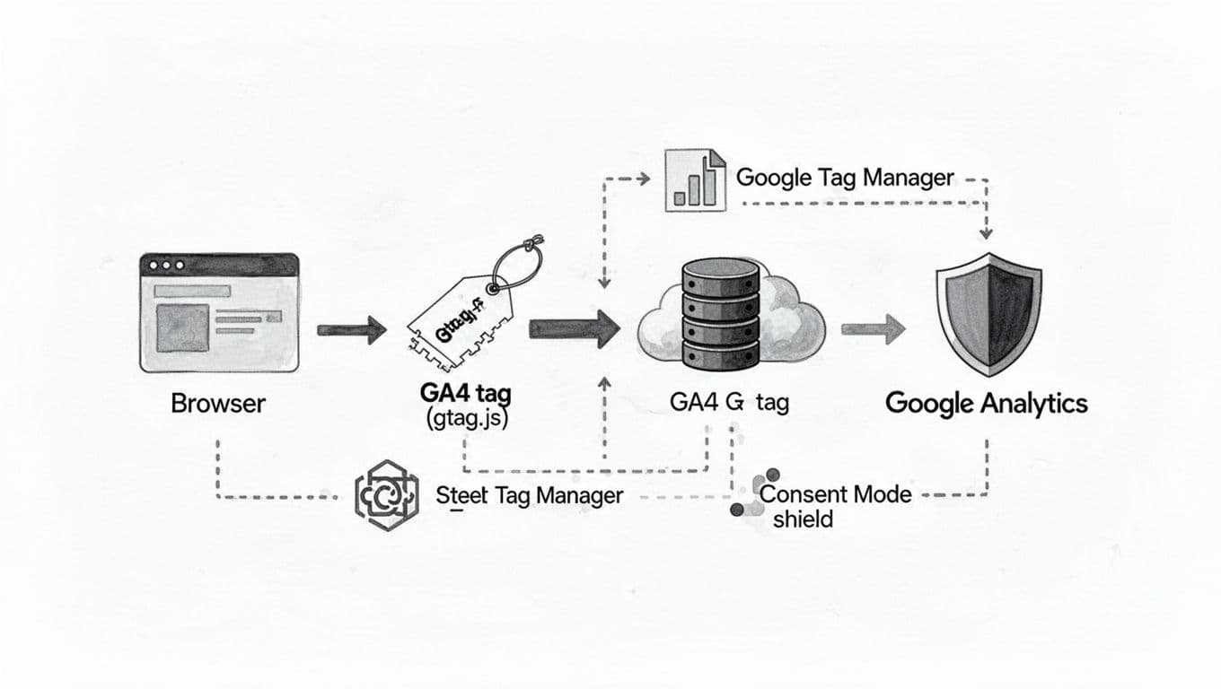 Black-and-white ink style illustration of a clean, minimalist flow diagram showing efficient pathways for GA4 tag (gtag.js) setup in WordPress, from browser to Google Analytics with optional branches to Google Tag Manager and Consent Mode shield.