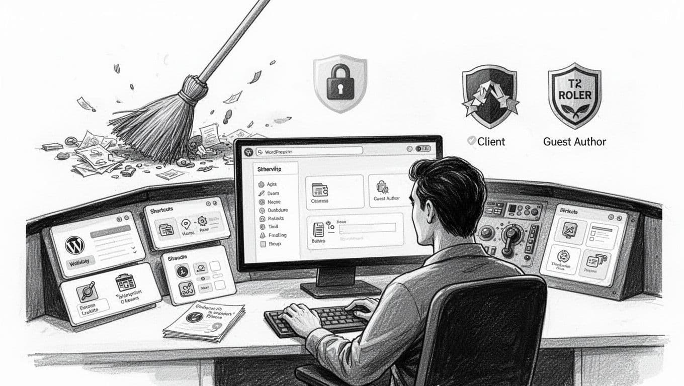 Black-and-white ink illustration of a serene, minimalist custom WordPress admin dashboard as a calm cockpit control room, featuring modular UI panels, shortcut icons, role badges, a broom sweeping clutter, and one person at the desk.