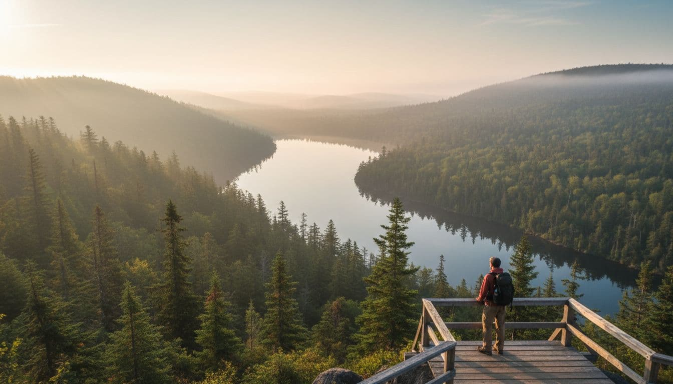 Vast misty Lake of the Clouds overlook in Porcupine Mountains Wilderness, surrounded by old-growth hemlock forest, wooden viewing platform with one hiker, soft morning light.