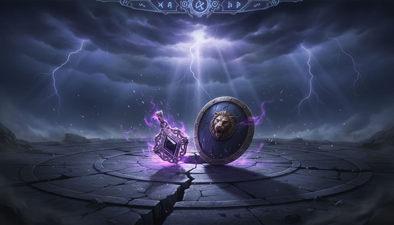 High-fantasy in-game-inspired illustration of an ornate MMORPG PvP trinket pulsing with purple magic beside a shield on a cracked arena floor under a stormy sky with lightning and volumetric god rays.