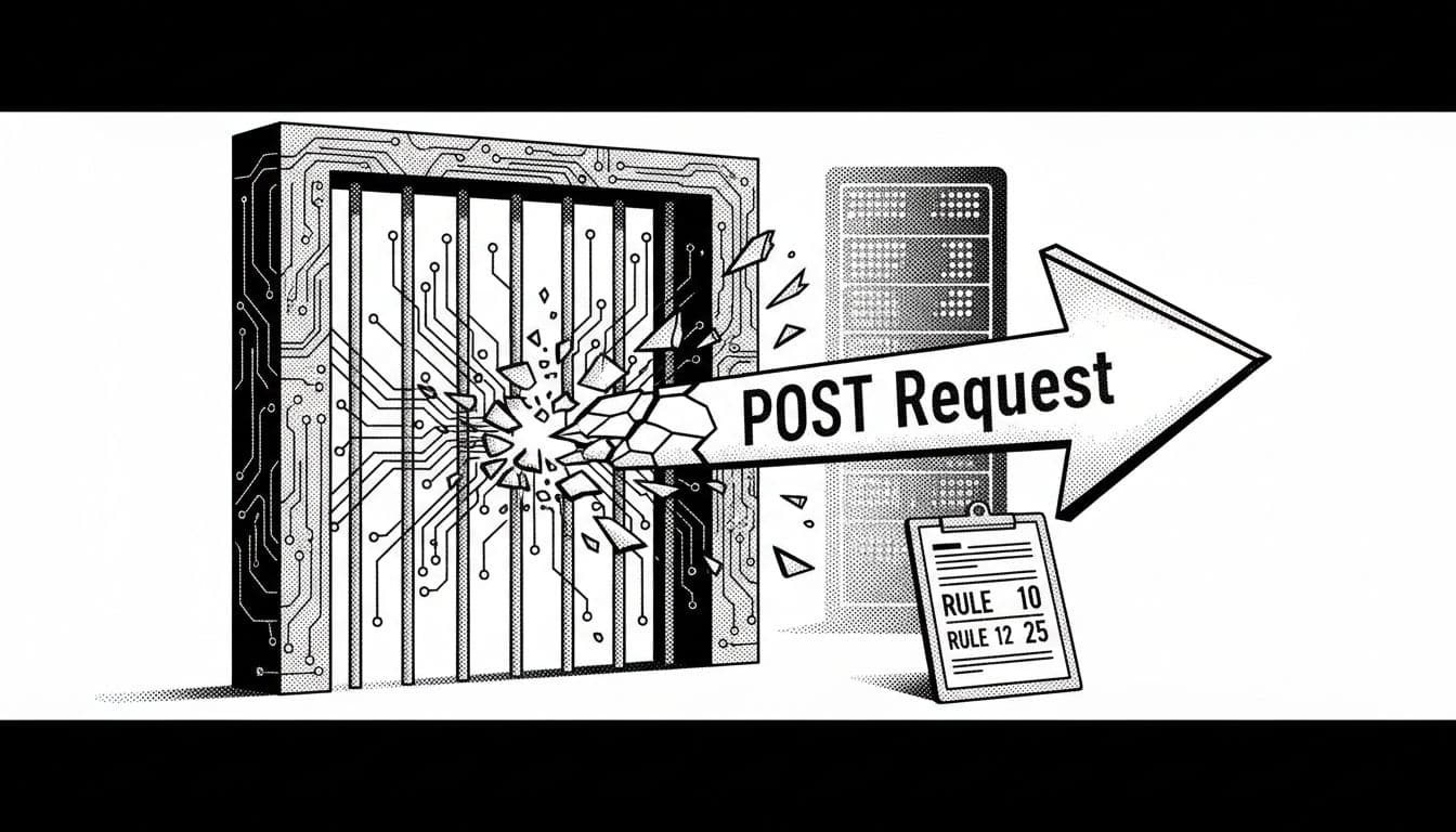 Black-and-white editorial illustration for WordPress troubleshooting guide showing a web server WAF mod_security gate as a portcullis stopping a POST request arrow, with rule numbers on a clipboard and server silhouette in the background.