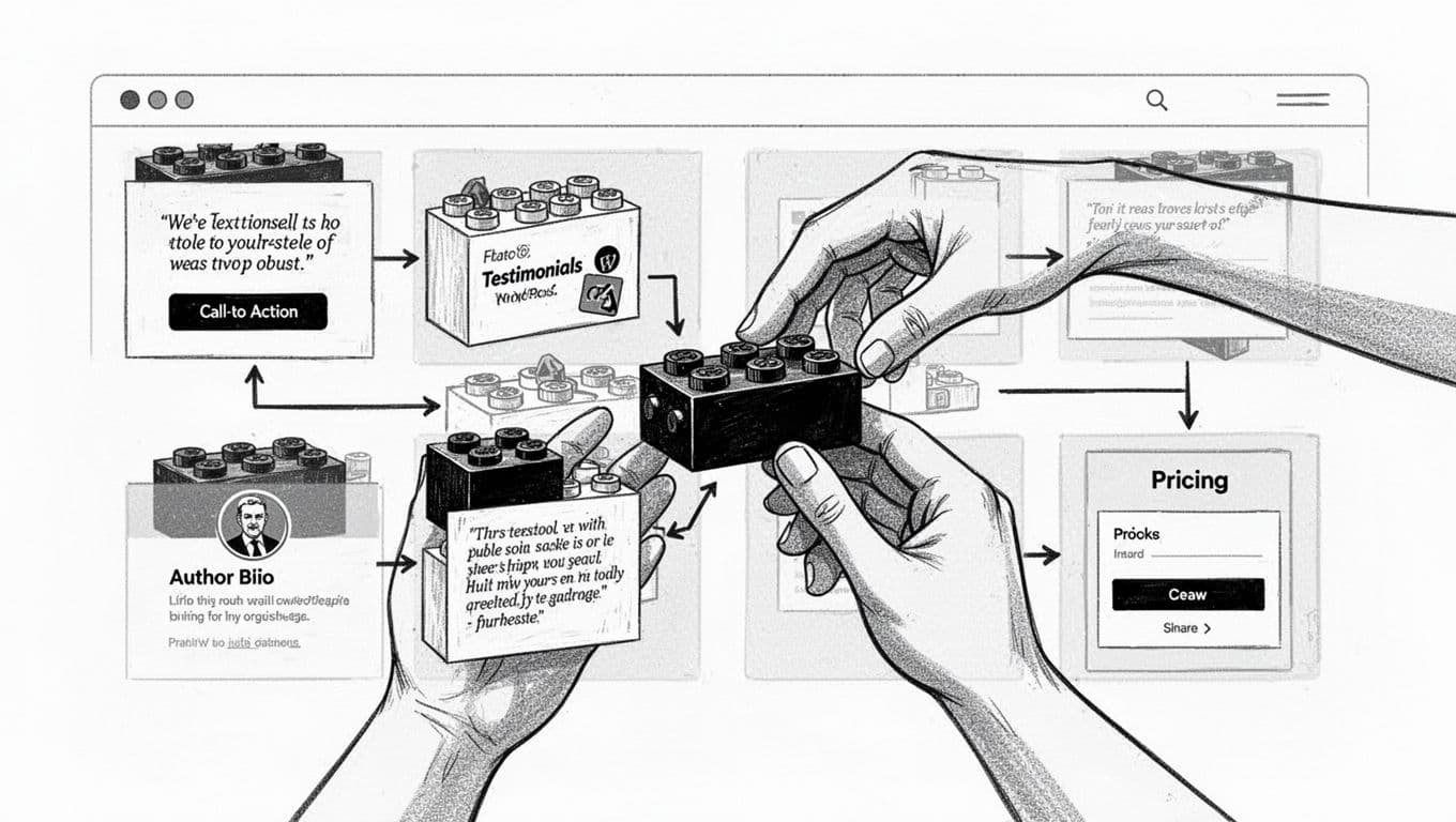Black-and-white linocut-style illustration of modular WordPress blocks like CTA, testimonials, author bios, and pricing boxes depicted as Lego bricks snapping together to form a webpage, with hands gently placing one and arrows showing reuse.