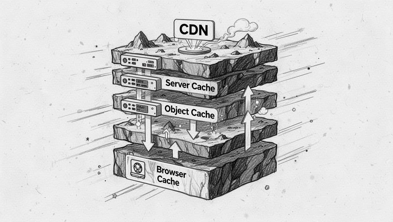 High-contrast black-and-white ink and charcoal sketch illustrating web caching layers as stacked geological strata, from top edge CDN to bottom browser cache, with arrows depicting fast request-response flow and subtle speed lines.