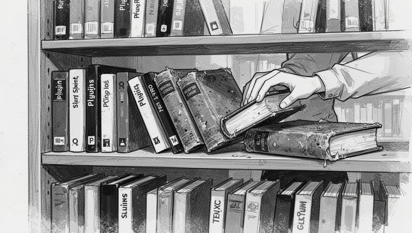 Black-and-white high-contrast ink and charcoal sketch of a librarian pulling a heavy book from a tidy library shelf, with slim books balanced against oversized dusty volumes tipping the scale.