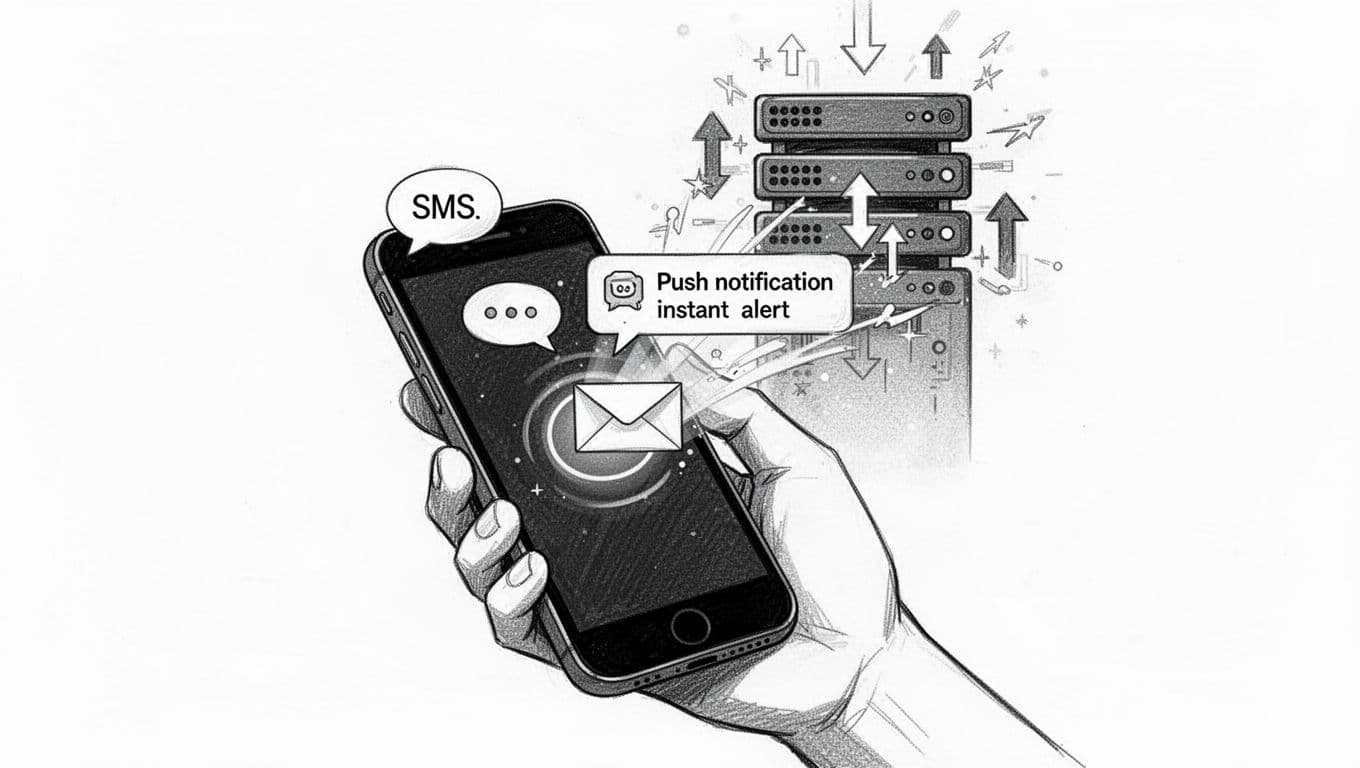 Black-and-white high-contrast illustration of a smartphone held in one hand receiving SMS, push notification, and email alerts, with a flickering server icon in the background.