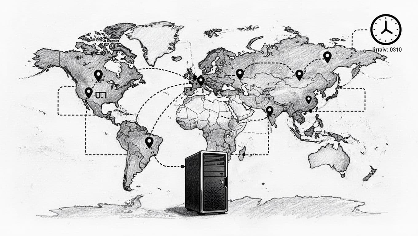 High-contrast black-and-white illustration of a world map outline with network nodes connected by dotted lines from US, Europe, Asia, featuring a central server tower icon and a small clock showing timing intervals.
