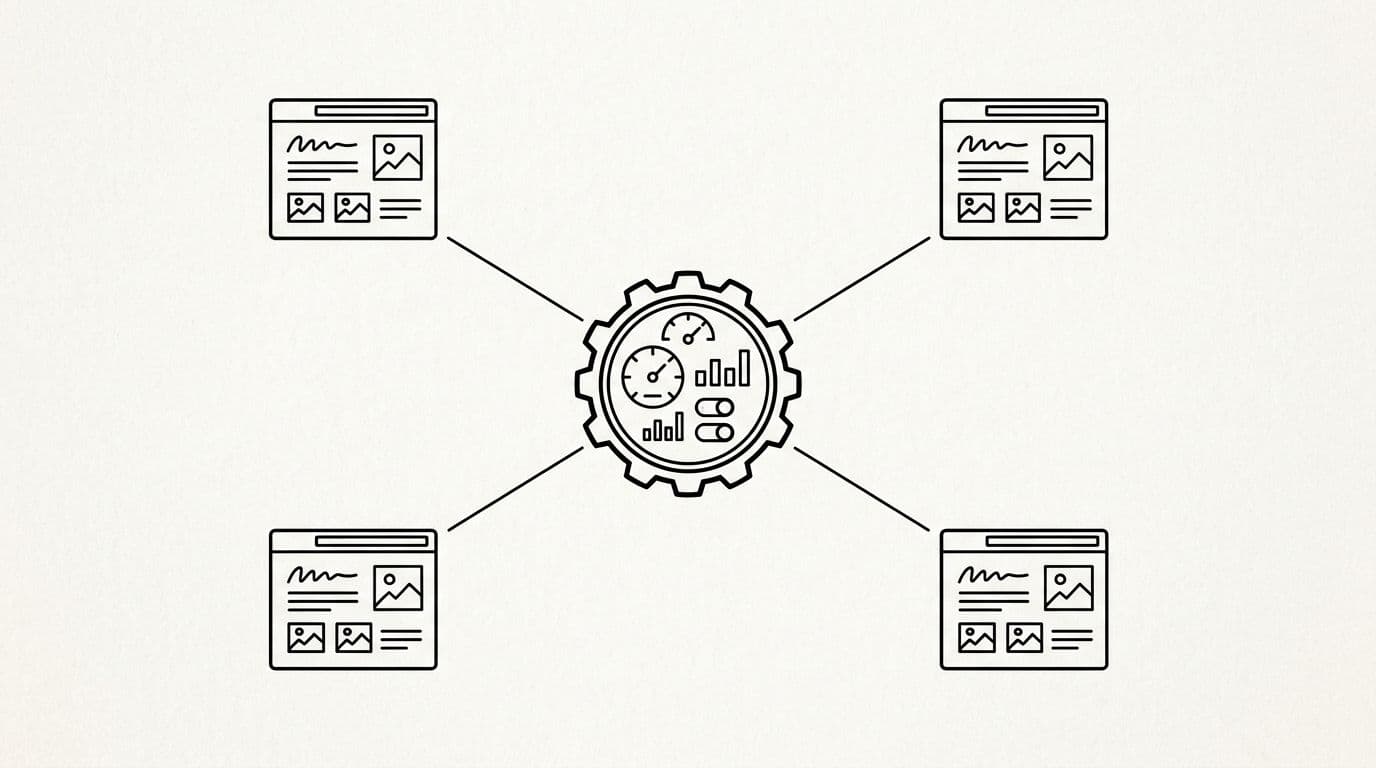 Black-and-white ink illustration featuring a central dashboard icon connected by thin lines to four surrounding website window icons, in a high-contrast minimal style.