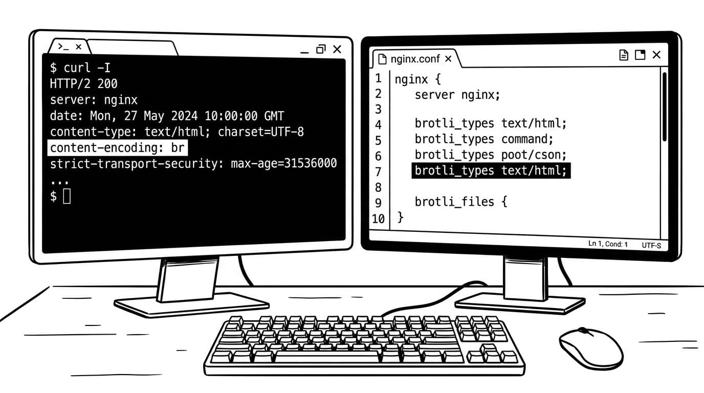 Black-and-white editorial illustration featuring a terminal window on a desk displaying curl -I output with highlighted 'Content-Encoding: br' header, next to an Nginx config file showing brotli_types text/html directive. High-contrast ink drawing with clean lines, technical and precise mood.