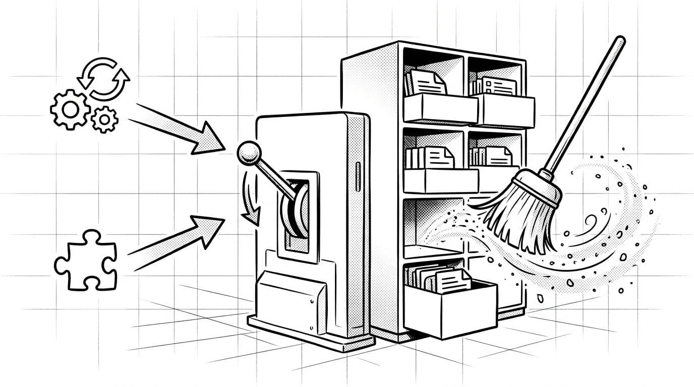 Black-and-white illustration of the cache purge workflow in Nginx FastCGI for WordPress, featuring a console lever or button sweeping cache contents with arrows from WordPress updates and plugin hooks.