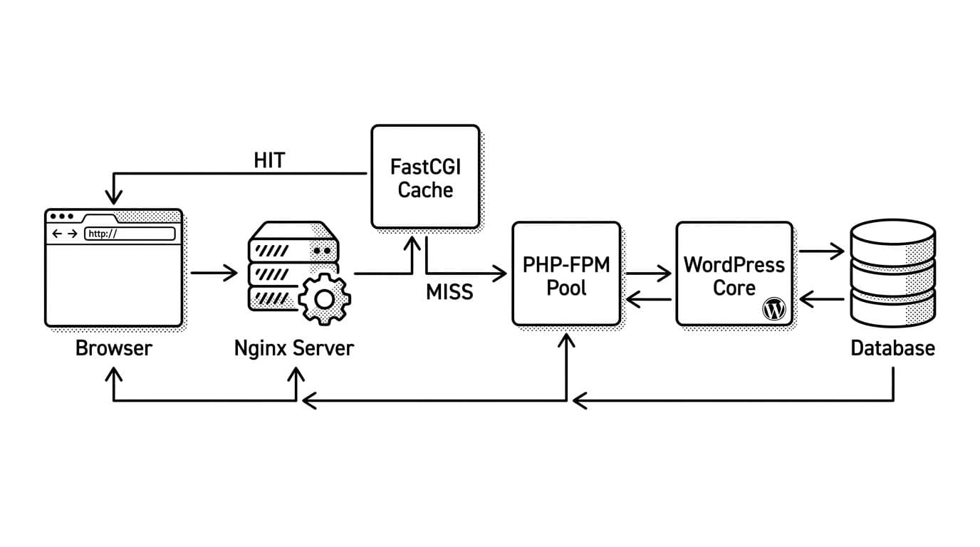 Black-and-white high-contrast ink pen line art diagram showing browser request to Nginx server, branching to FastCGI Cache: HIT path returns cached page directly, MISS path to PHP-FPM pool, WordPress core, and database; labeled arrows only, minimalist technical aesthetic.