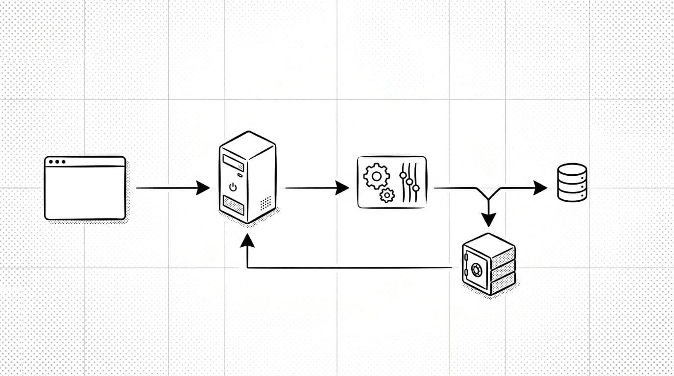 Black-and-white illustration of the request path diagram for Nginx FastCGI cache in WordPress, depicting browser to Nginx server to PHP-FPM pool with cache HIT or MISS branches, returning response to browser.