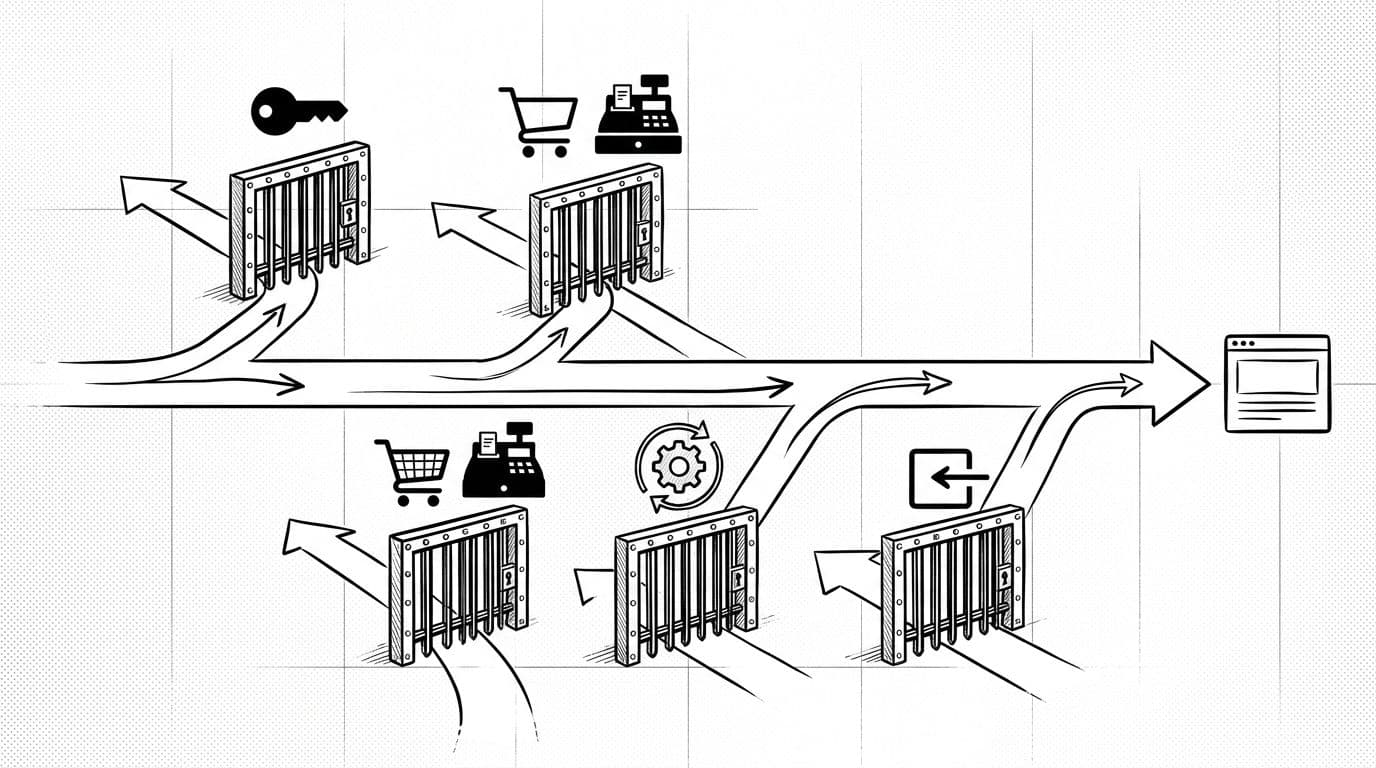 Black-and-white illustration of cache bypass exclusions in Nginx FastCGI for WordPress, featuring guarded gates blocking paths for logged-in users, cart/checkout pages, admin-ajax requests, and POST requests, while the main path remains open for anonymous GET requests.