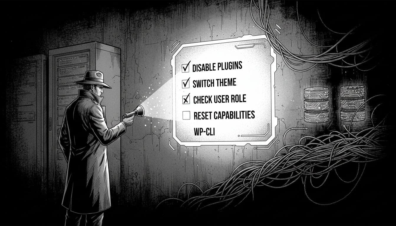 High-contrast black-and-white illustration in noir cyberpunk style depicting a trenchcoat detective with fedora examining an illuminated WordPress troubleshooting checklist on a wall, amid shadowy servers and wires.