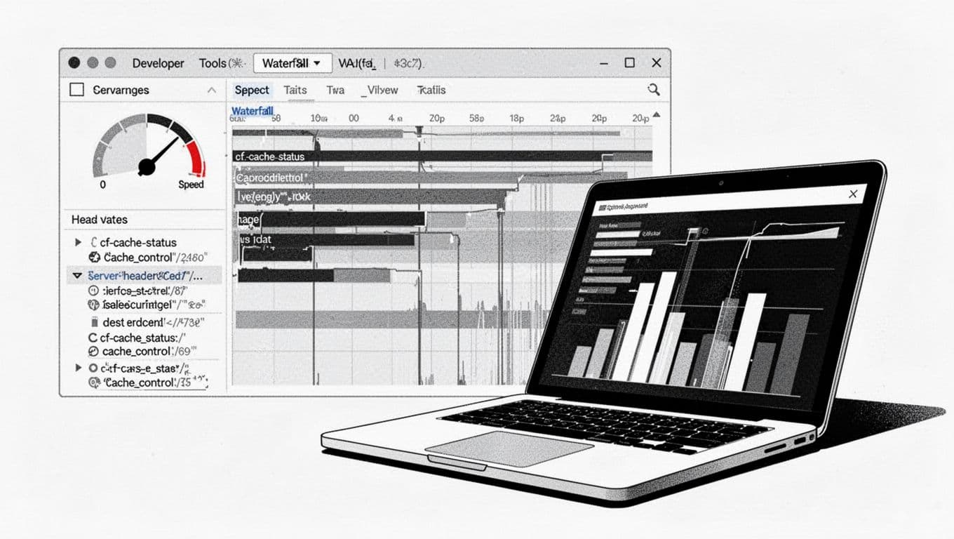 High-contrast monochrome vector ink illustration of a developer tools waterfall chart in noir detective style, featuring speed gauge, server headers, and angled laptop with abstract data bars.