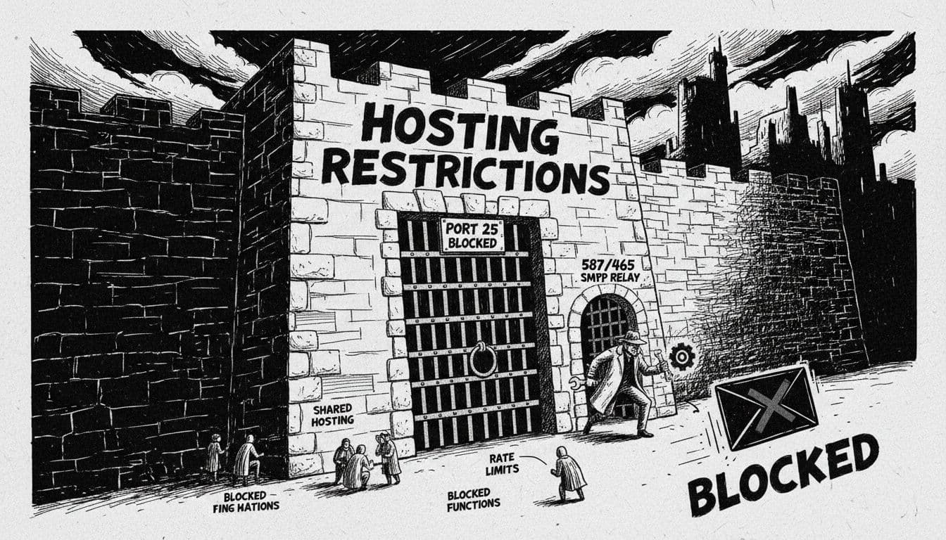 Black-and-white high-contrast noir illustration of a fortress wall representing hosting restrictions blocking WordPress emails on port 25, with a gate allowing SMTP on ports 587/465 and a detective sneaking through.