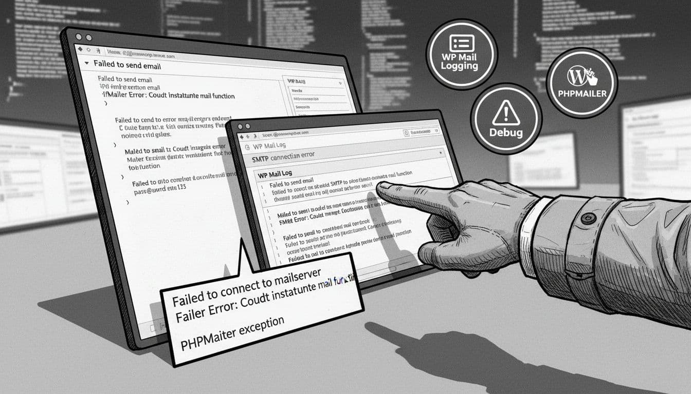 Black-and-white high-contrast illustration in noir style showing terminal window, WordPress admin screen, error logs, and detective hand pointing at issues for email debugging.