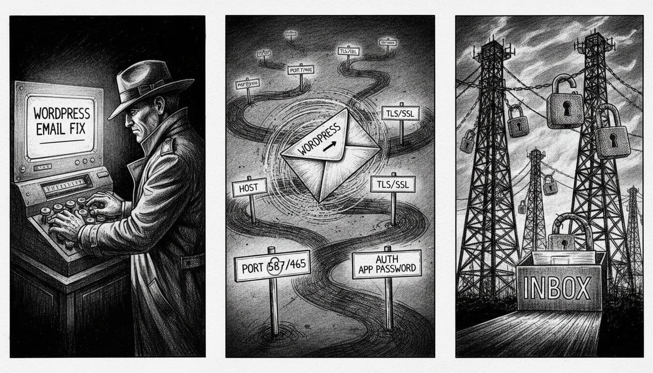 Black-and-white high-contrast illustration in noir style showing an envelope routed through a secure SMTP relay for WordPress email fix, with a detective configuring settings like Host, Port, TLS, and Auth on a vintage console.