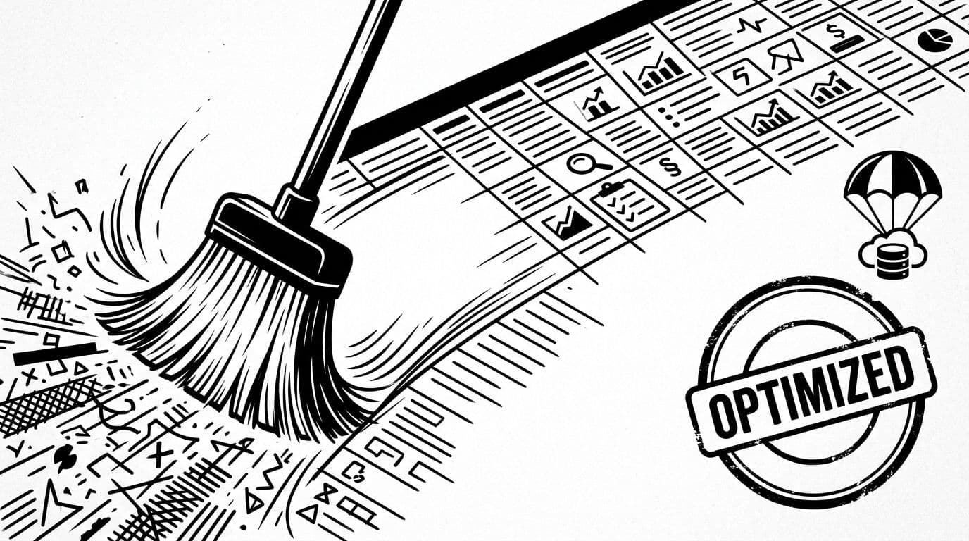 Black-and-white high-contrast ink illustration of a tidy database grid after broom sweep cleanup, with 'Optimized' badge and backup parachute icon in modern infographic style.
