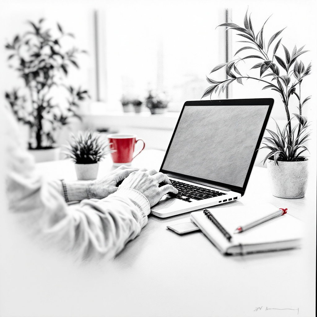 A laptop surrounded by multiple hands, message bubbles floating, hinting at online connections and community. Pencil sketch style, black and white with a touch of red. Image created with AI.