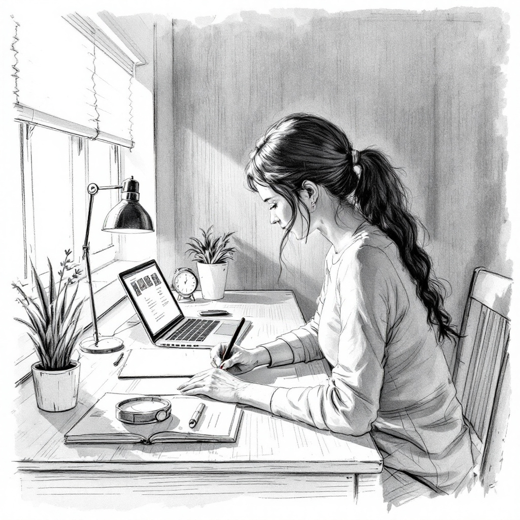 A person writing at a desk with a journal and laptop, surrounded by soft light and a small plant. Pencil sketch style, black and white with a hint of red accent. Image created with AI.