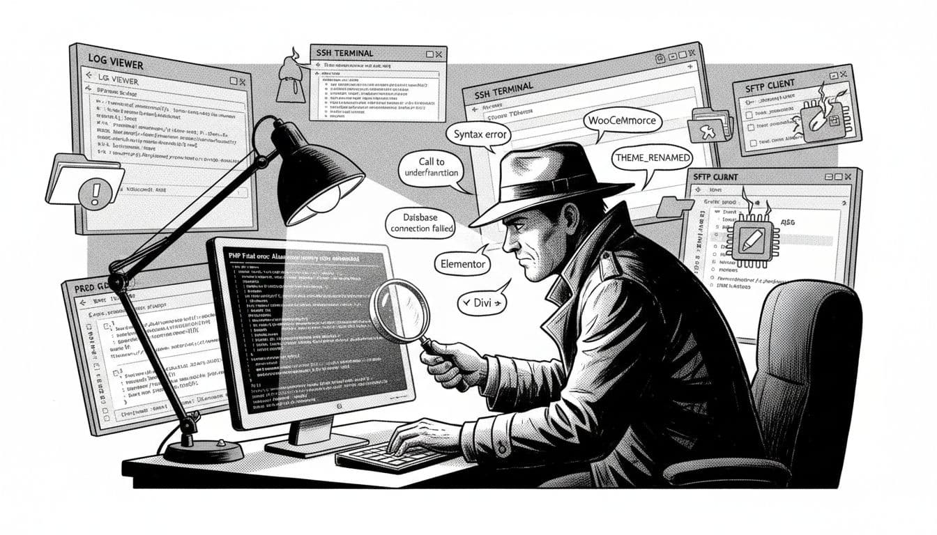 Black-and-white high-contrast illustration of a shadowy detective under a desk lamp scrutinizing an error log displaying 'PHP Fatal error: Allowed memory size exhausted', surrounded by floating error messages, plugin files, and a hosting dashboard.