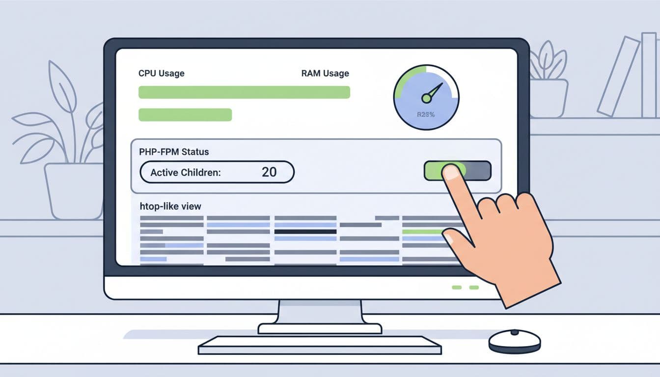 Modern illustration of a server monitoring dashboard on a computer screen showing low green CPU usage bars, half-full RAM gauge, PHP-FPM status with around 20 active children, htop-like view, relaxed pointing hand, and desk setup with clean shapes, thick lines, #22C55E accents, and soft lighting.