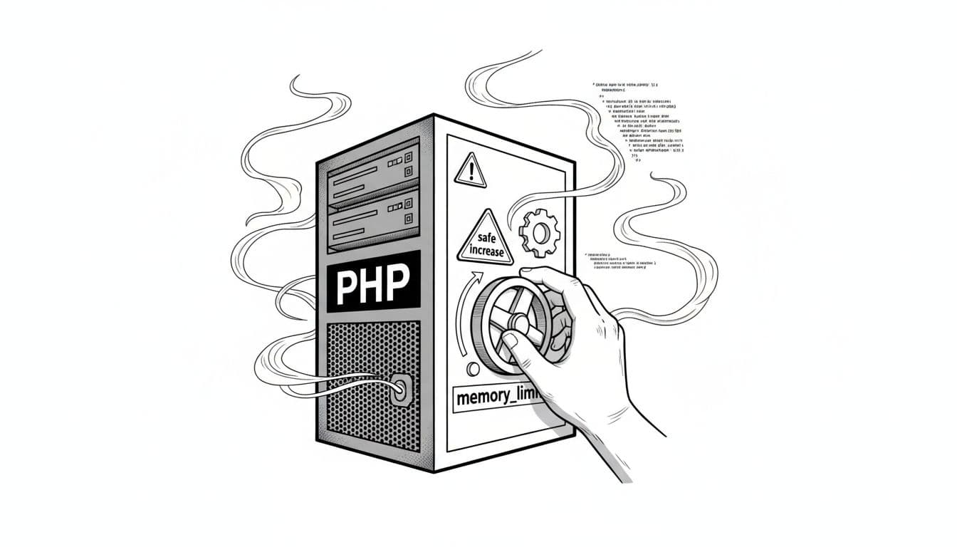 Black-and-white editorial illustration depicting a PHP server with a memory_limit crank being safely increased to fix 'Allowed memory size exhausted' error in WordPress.