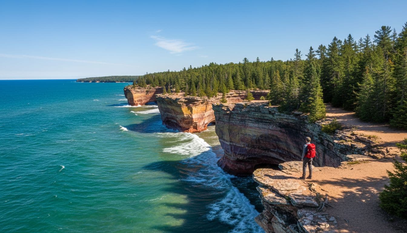 Dramatic colorful sandstone cliffs of Pictured Rocks rise above turquoise Lake Superior waters, topped by evergreen forest, with a single hiker on the overlook trail under a clear blue sky.