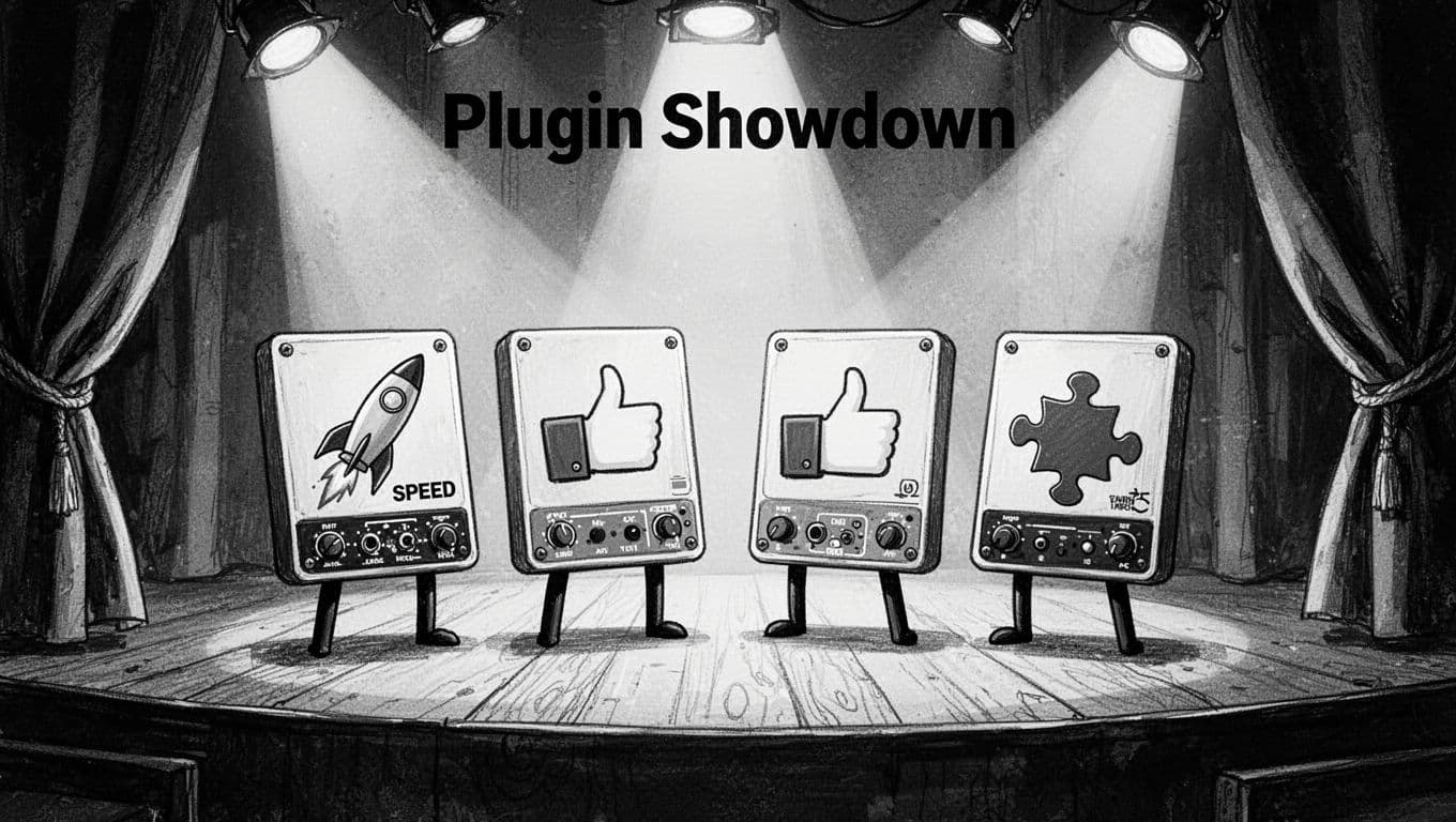 Black-and-white illustration-style image with bold ink lines and cross-hatching depicting four generic plugin cards in a showdown lineup on a stage under spotlights, featuring icons for speed (rocket), ease-of-use (thumbs-up), and compatibility (puzzle piece). Modern editorial style with whimsical tech-meets-writing mood, minimal background, and landscape framing.