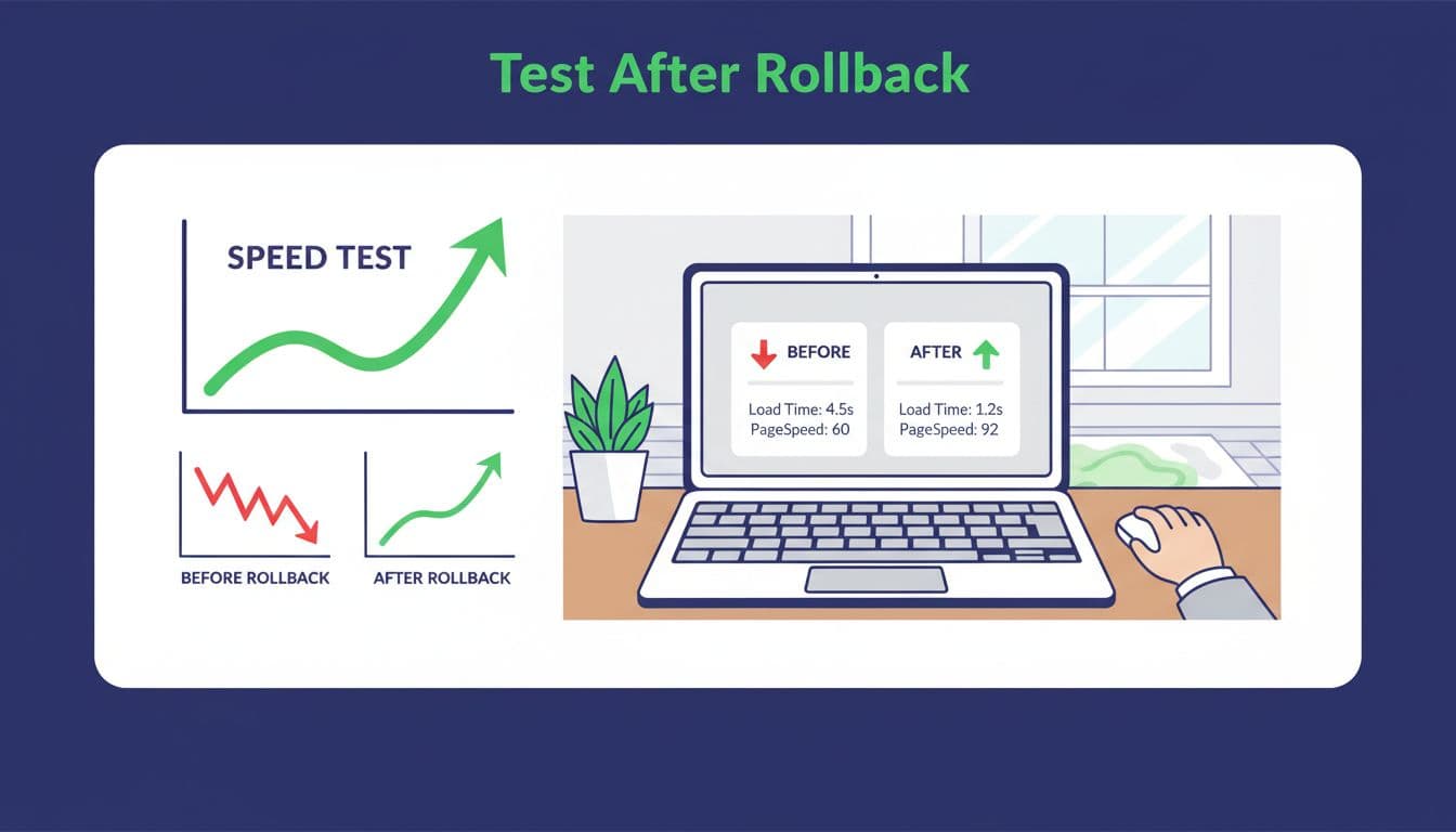 Modern illustration depicting a website speed test graph improving after rollback, shown on a laptop with before-and-after metrics in a cozy home office, featuring a single relaxed hand on the mouse.