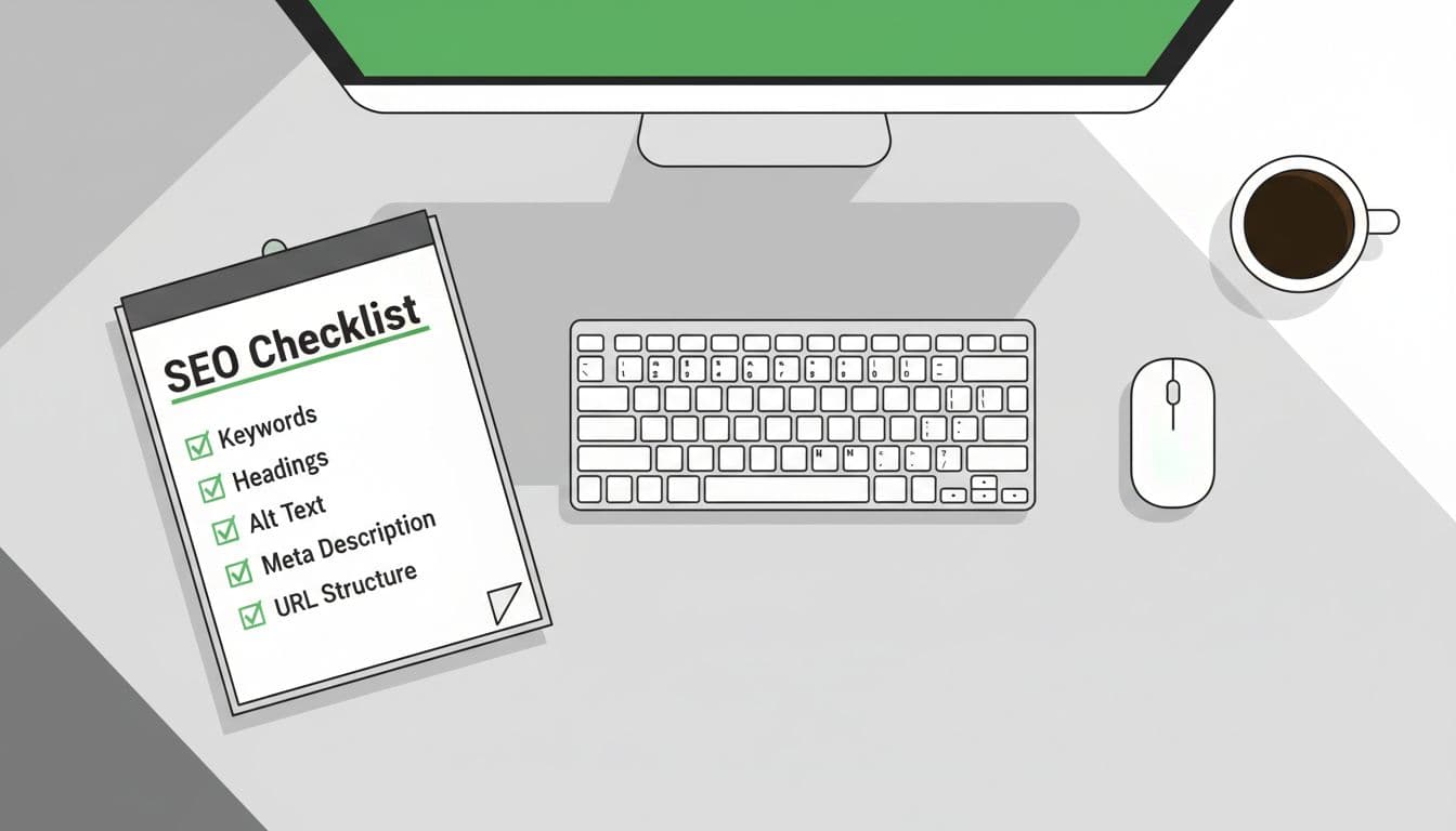 Overhead view of a clean office desk with a notepad showing a checked-off SEO checklist next to a keyboard and mouse in modern illustration style.