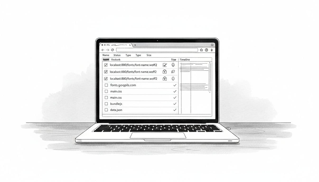 Black-and-white ink sketch of a laptop screen showing browser developer tools network tab with local fonts loading, no external Google requests, subtle privacy icons, and high-contrast minimal shading.