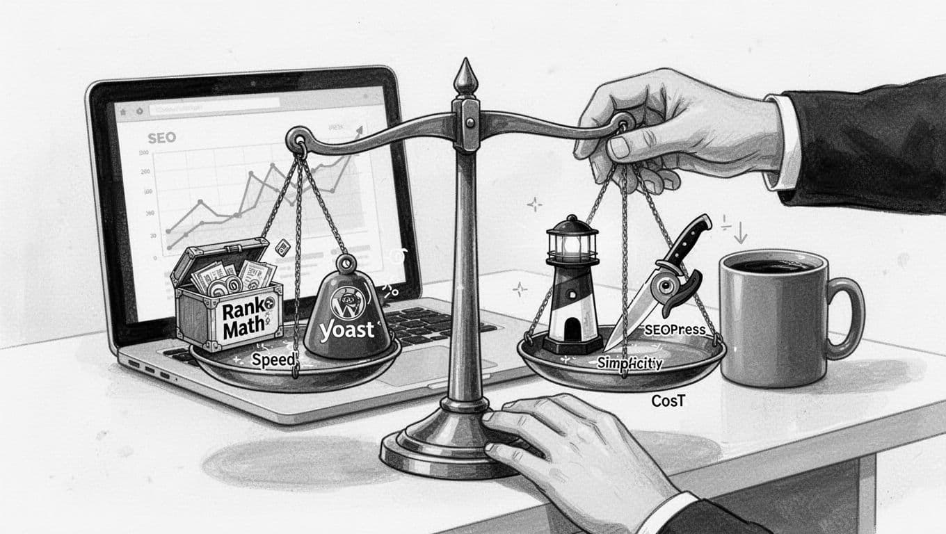 High-contrast black-and-white illustration of a scale on a blogger's desk in 2026, weighing WordPress SEO plugins by speed, simplicity, features, and cost, with subtle nods to Rank Math, Yoast, and SEOPress.
