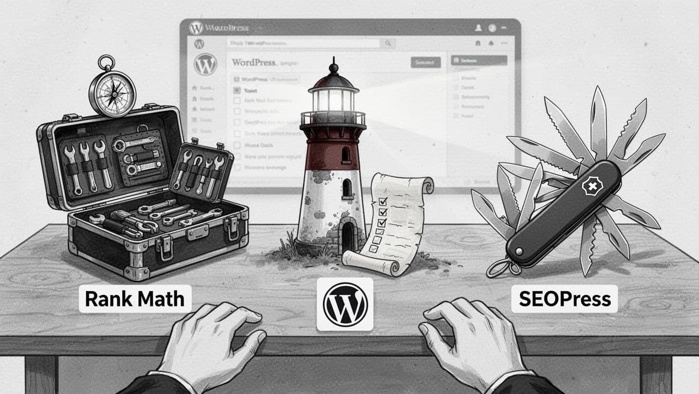High-contrast black-and-white illustration featuring a split-panel comparison of WordPress SEO plugins on a wooden desk: Rank Math as a modular toolbox, Yoast as a lighthouse shining on a checklist, and SEOPress as a Swiss-army knife.