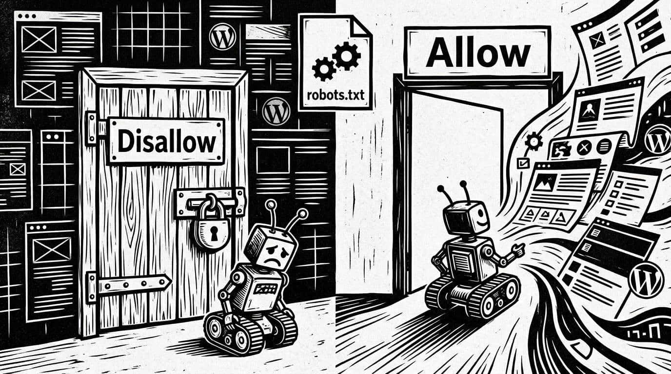 Black-and-white linocut illustration with high contrast and paper grain texture, showing a split scene: left side blocked door with 'Disallow' sign and frustrated bot, right side open door with 'Allow' sign and bot accessing website; central robots.txt icon.