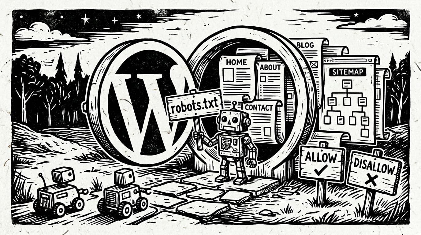 Black-and-white linocut-style ink drawing depicting a tiny robot gatekeeper holding a 'robots.txt' sign at a WordPress website doorway, with two search engine crawler bots approaching amid 'Allow' and 'Disallow' placards, stacked web pages, and a sitemap scroll.