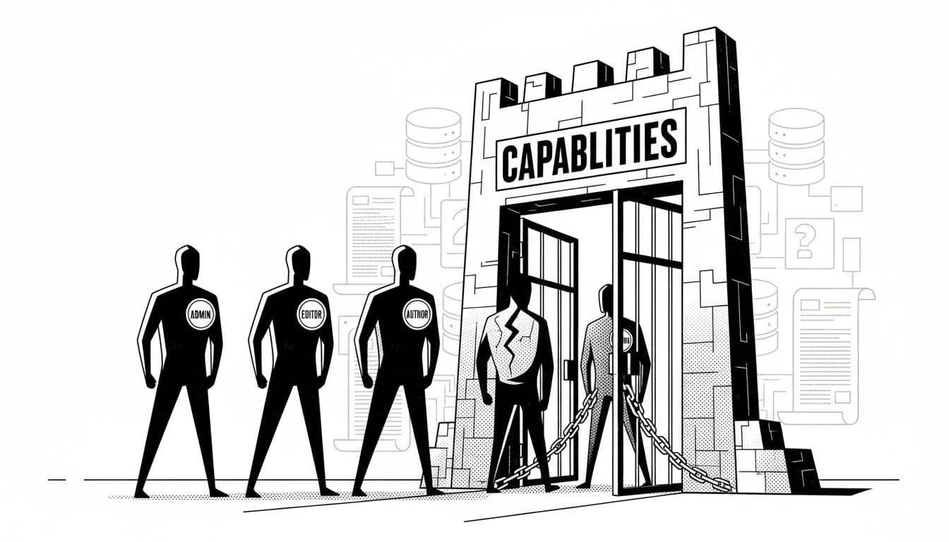 High-contrast black-and-white line art illustration in noir cyberpunk style showing silhouetted figures with Admin, Editor, Author, and Subscriber badges approaching a massive 'Capabilities' gated door, with one cracked-badge figure blocked by chains.