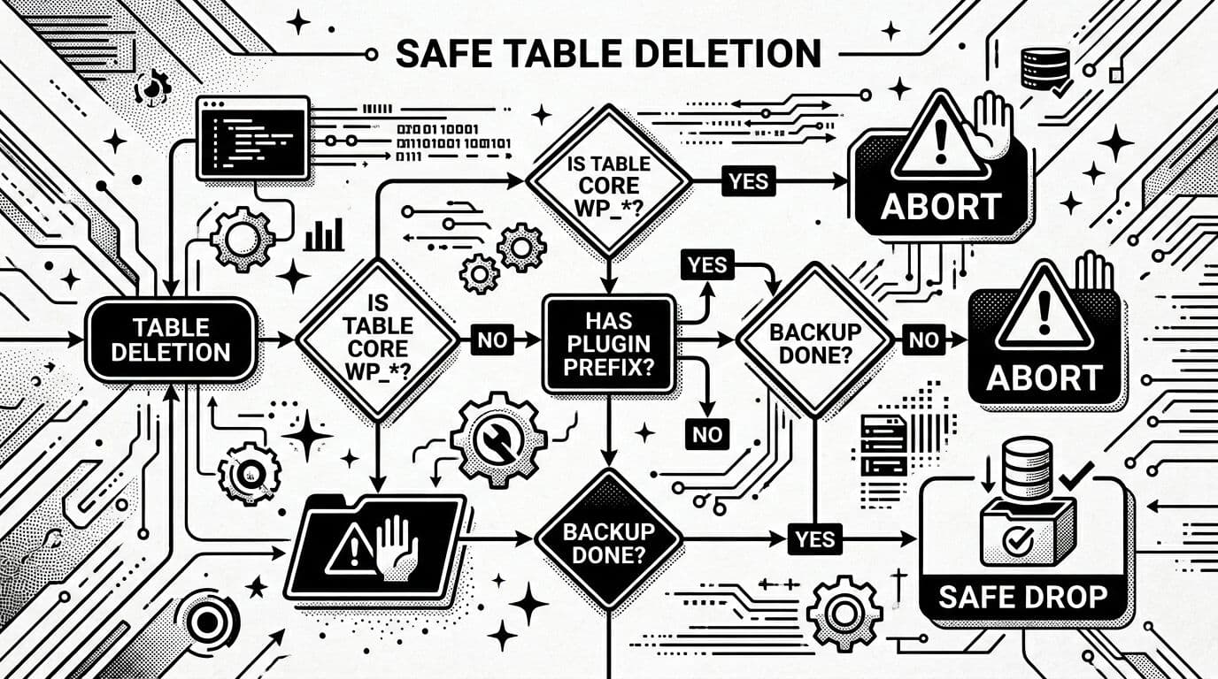 Black-and-white high-contrast ink illustration of a decision tree flowchart guiding safe database table deletion in WordPress, with branches for plugin prefix, core wp_* tables, and backup status, leading to drop or abort actions with caution icons.