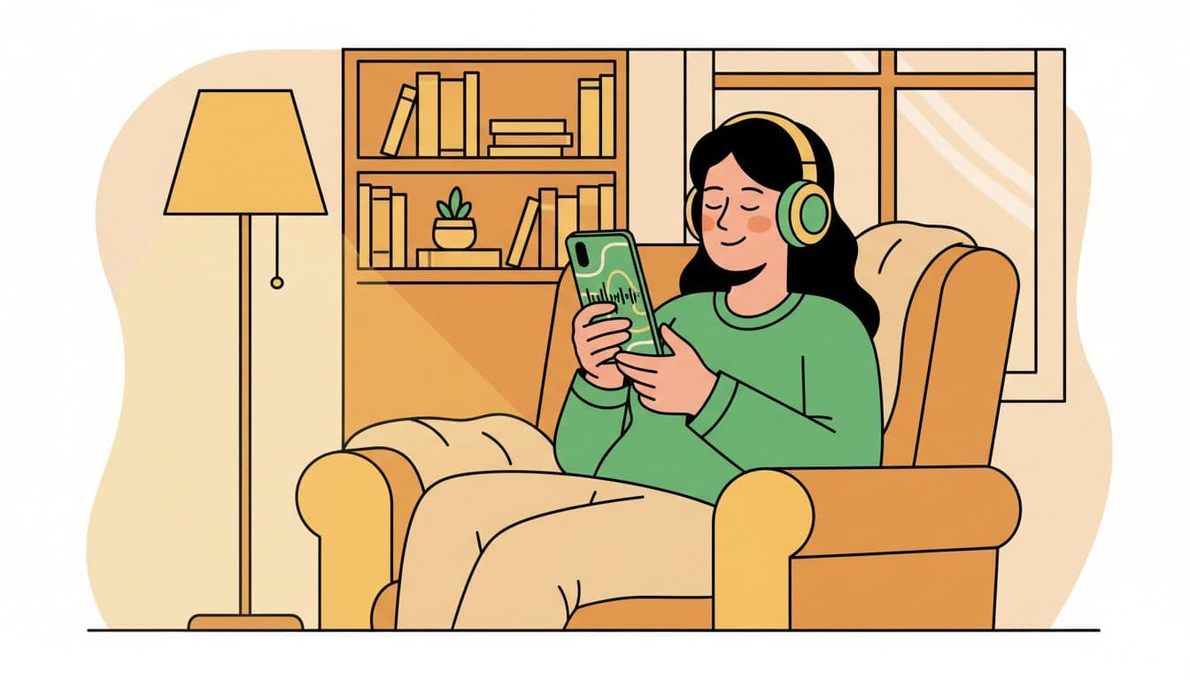 Illustration of a screen reader user with headphones listening to a blog post on a phone in a cozy reading corner, featuring subtle audio waveform visualization, modern clean shapes, thick lines, and warm lighting.