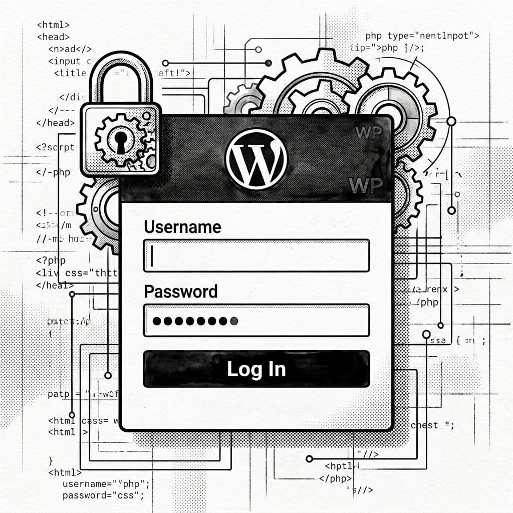 Black-and-white high-contrast ink and pen-and-wash illustration of a custom WordPress login form with username and password fields, submit button, lost password link, padlock icon, and subtle security gears against a faint blueprint code background. Clean, modern editorial style emphasizing sleek security with crisp lines and no people or extra text.
