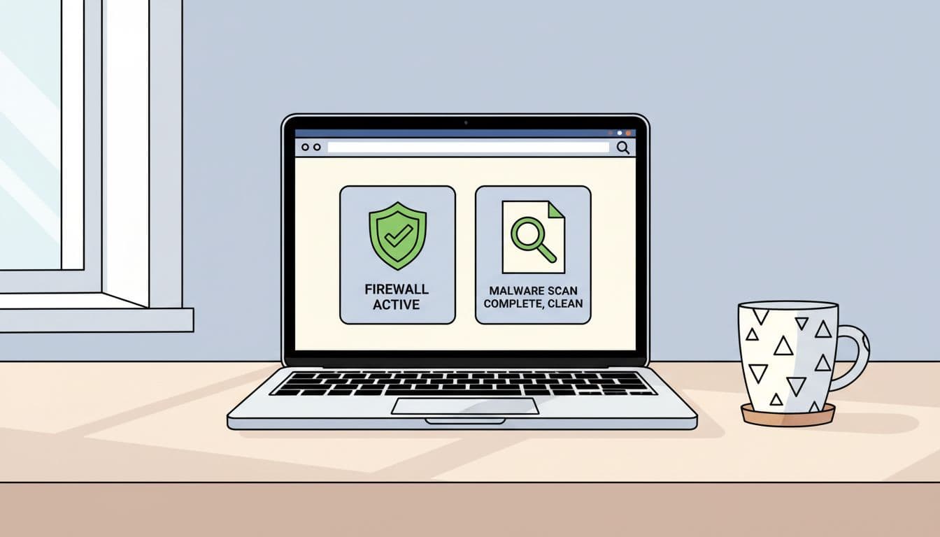 Modern illustration of a secure WordPress dashboard on a laptop screen showing active firewall and completed malware scan on a clean office desk with coffee mug.
