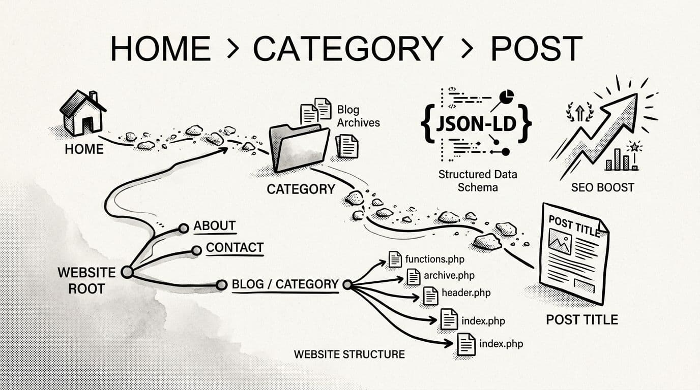 Black-and-white high-contrast ink and pen-and-wash illustration of a website header mockup with breadcrumb trail as literal bread crumbs path through site structure tree, schema JSON-LD braces icon, and SEO boost arrow.