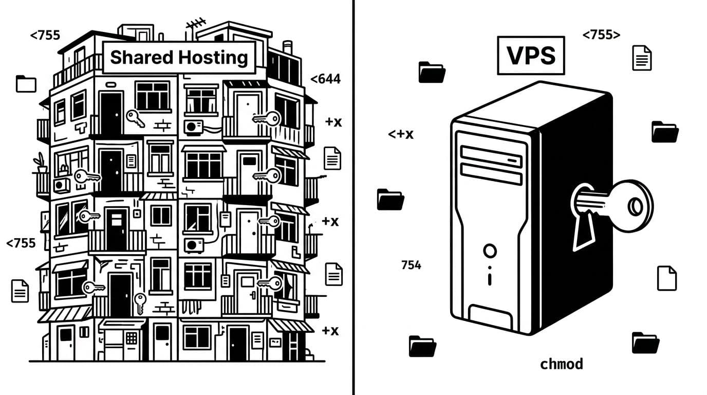 High-contrast black-and-white ink illustration in split-panel format: crowded apartment building labeled 'Shared Hosting' with multiple doors and keys on the left, solitary server tower labeled 'VPS' with a single master key on the right, featuring chmod symbols and folder icons.